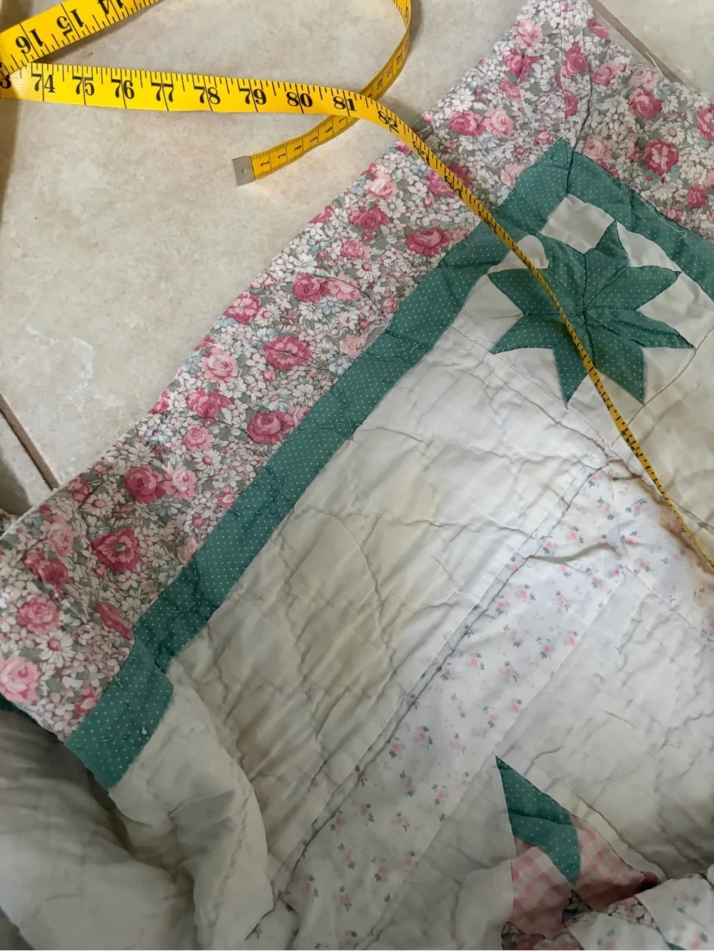 Handmade Floral Star Patchwork Quilt in Pink and light green